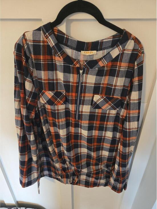 Tops - BAIKEA Women's XL Orange and Blue Plaid Quarter-Zip Pullover Blouse